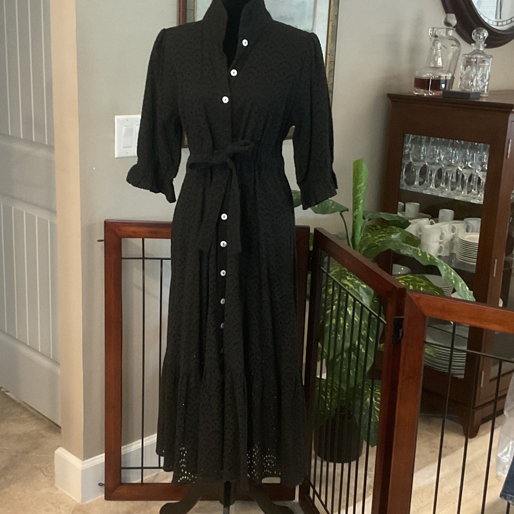 HOLLY SHAE - Catherine, Black Eyelet Button-Front Maxi Dress with Waist Tie, S/M